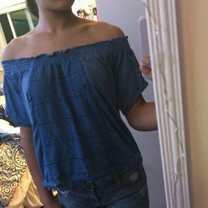 Blue Off the Shoulder Flowy Crop Shirt